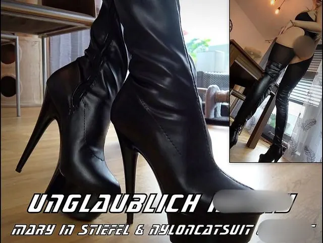 Unglaublich horny! Mary in Stiefel & Nyloncatsuit gefickt!